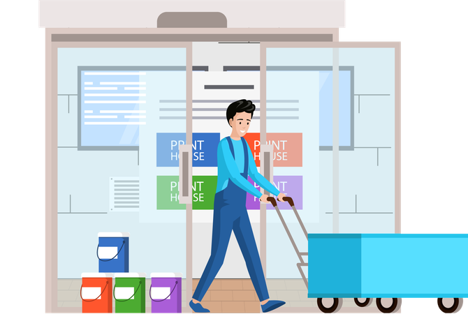 Man with wheelbarrow transports equipment for printers inks paints materials for printer working  Illustration
