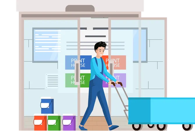 Man with wheelbarrow transports equipment for printers inks paints materials for printer working  Illustration