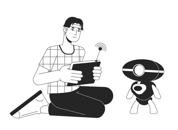Man with wireless console testing robot  Illustration