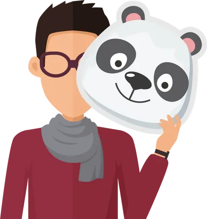 Man Without Face In Glasses With Panda Mask Isolated On White Boy In Sweater And Scarf With Carnaval Festival Mask For Children Funny Cartoon Masquerade Masque Animator Userpic Avatar Vector Illustration