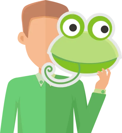 Man Without Face With Frog Mask Isolated On White Boy In Green Sweater With Carnaval Festival Mask For Children Funny Cartoon Vizor Masquerade Masque Animator Userpic Avatar Vector In Flat Style イラスト