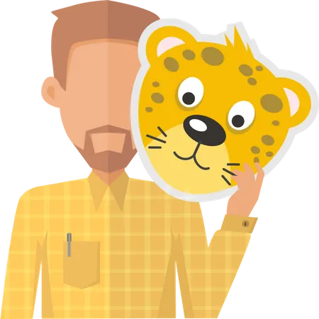 Man Without Face With Tiger Mask Isolated On White Boy In Shirt And Beard With Carnaval Festival Mask For Children Funny Cartoon Masquerade Masque Animator Userpic Avatar Vector In Flat Style Illustration