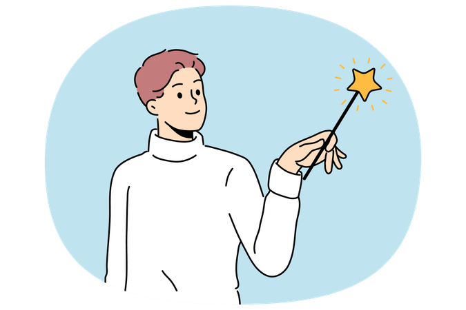 Man wizard uses fairy magic wand and casts enchanting spell during witchcraft  Illustration