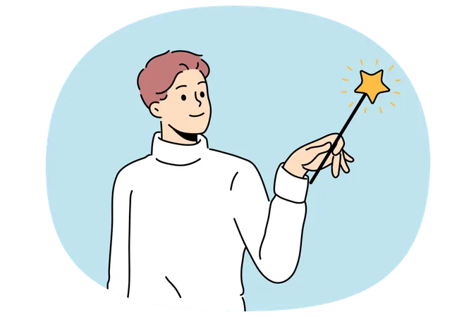 Man wizard uses fairy magic wand and casts enchanting spell during witchcraft  Illustration