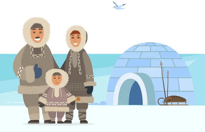 Family Consisting Of Man And Woman With Child Arctic People Outdoors Standing By Igloo Made Of Ice Cubes Cold Climate Of Eskimos Characters Wearing Winter Warm Clothes Vector In Flat Style Illustration