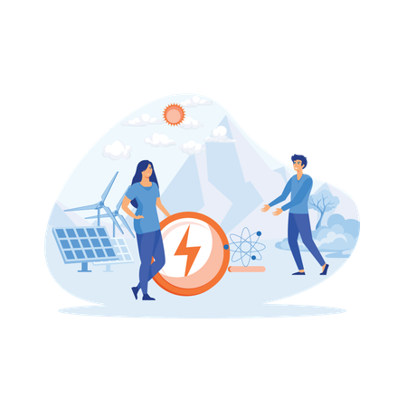 Man woman standing near wind turbines solar panels  Illustration