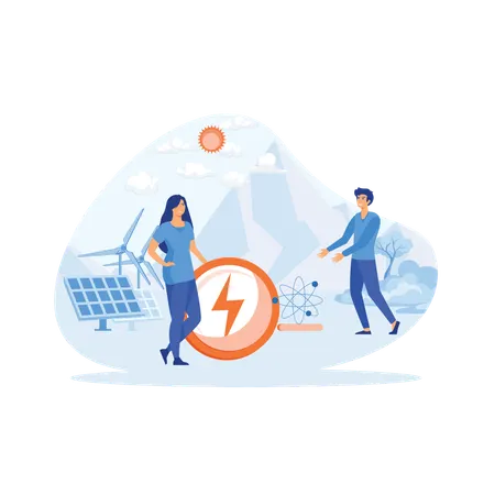 Man woman standing near wind turbines solar panels  Illustration