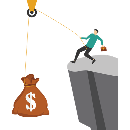 Man work hard to pull wealth up cliff  Illustration
