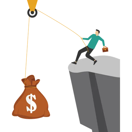 Making Money People Work Hard To Pull Wealth Up The Cliff Illustration
