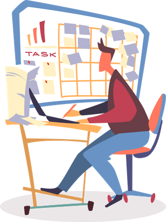 Man Work on Laptop near Task Board with Stickers  Illustration