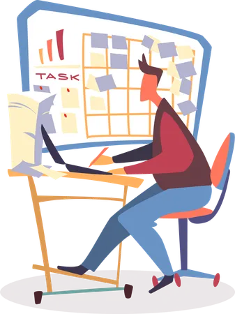 Man Work on Laptop near Task Board with Stickers  Illustration