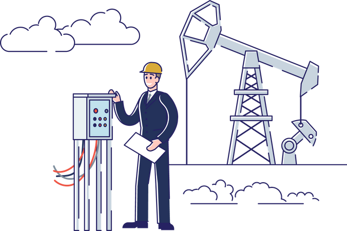 Man Work On Oil And Rig Plant  Illustration