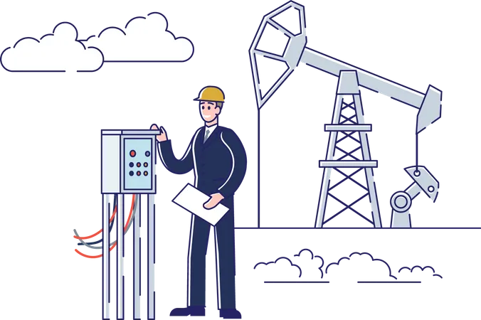 Man Work On Oil And Rig Plant  Illustration