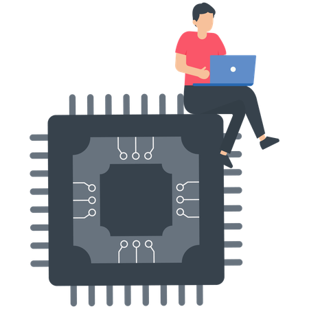 Man work with computer laptop on AI artificial intelligence chip  Illustration