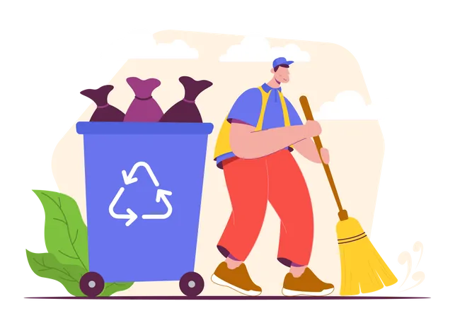 Man worker collecting garbage  Illustration