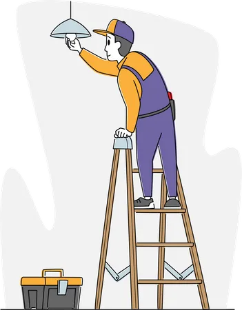 Man Worker Electrician Standing on Ladder in Living Room Hanging Lamp on Ceiling, Changing Burnt Light Bulbs  Illustration