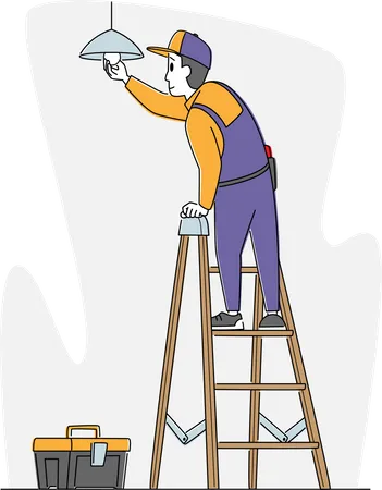 Man Worker Electrician Standing on Ladder in Living Room Hanging Lamp on Ceiling, Changing Burnt Light Bulbs Illustration