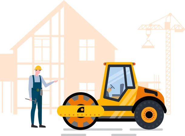 Man Worker Holding Hammer Standing Near Pressure Machine Roadwork And Building House Construction And Crane Equipment Pavement Technology Vector Illustration