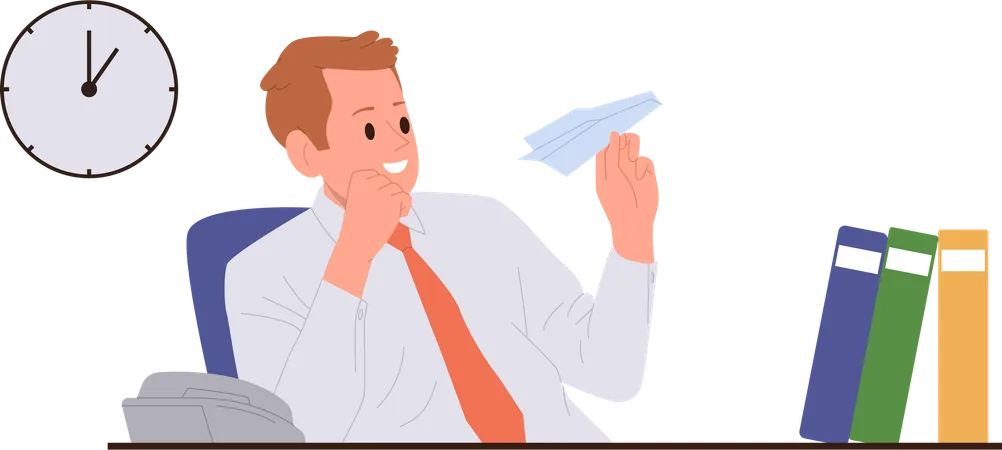 Man worker procrastinating playing with origami paper plane sitting at workplace  Illustration