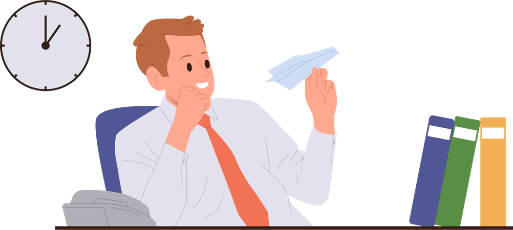 Man worker procrastinating playing with origami paper plane sitting at workplace  일러스트레이션