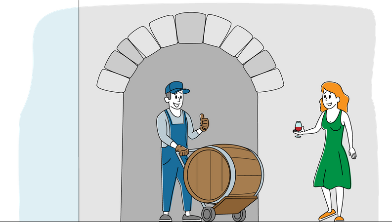 Man Worker Stand at wine Barrel and Woman Tasting Wine  Illustration