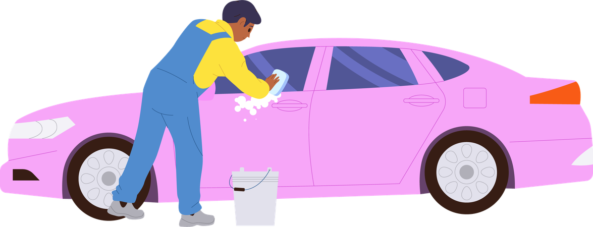 Man worker washing window of custom car using sponge and foamy detergent  Illustration