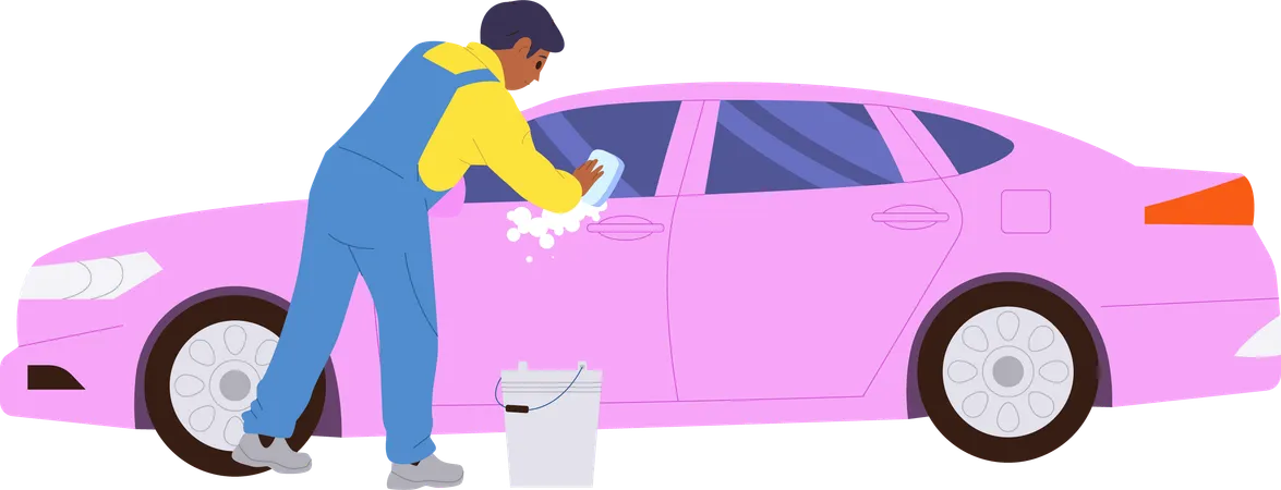 Man worker washing window of custom car using sponge and foamy detergent  Illustration