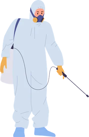 Man Worker Character Wearing Hazmat Overalls Of Disinfection Spraying Toxic Poison Against Pests Vector Illustration Isolated On White Professional Home Or Office Treatment From Dangerous Parasite 일러스트레이션