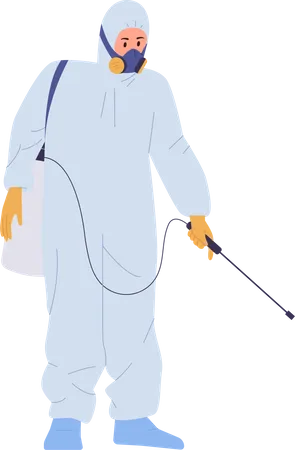 Man worker wearing hazmat overalls of disinfection spraying toxic poison against pests  Illustration