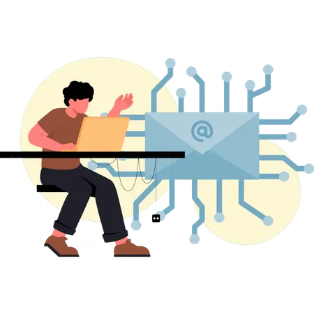 Man working about AI mail networking  Illustration