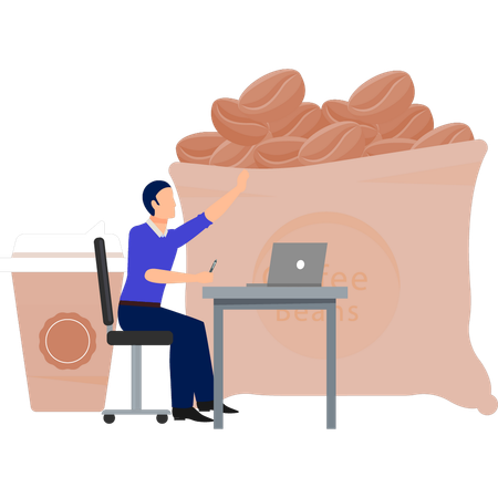 Man working about coffee beans on laptop  Illustration