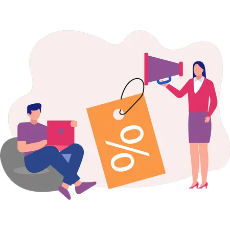 Man working about discount tag on laptop  Illustration