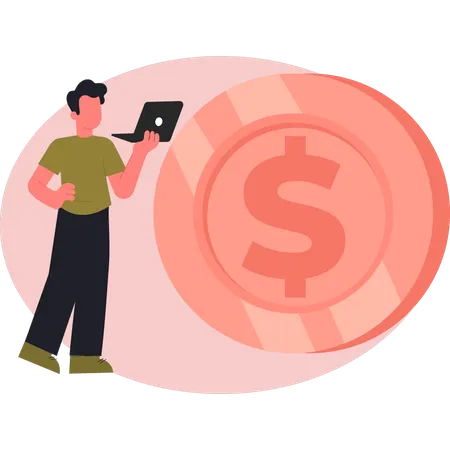 Man working about dollar coin on laptop  Illustration