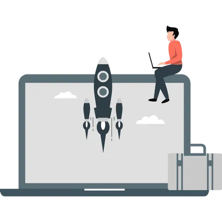 Man working about startup rocket on laptop  Illustration