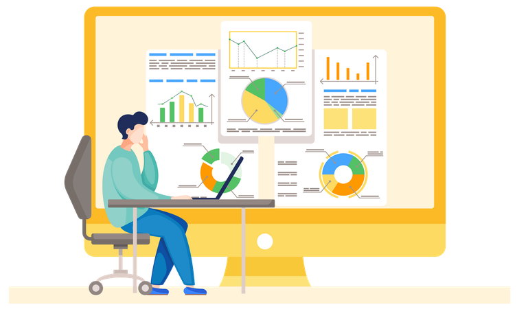Man working and analyzing financial statistics  Illustration