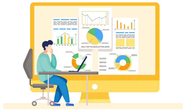 Man working and analyzing financial statistics  Illustration