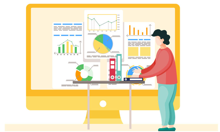 Man working and analyzing financial statistics  Illustration