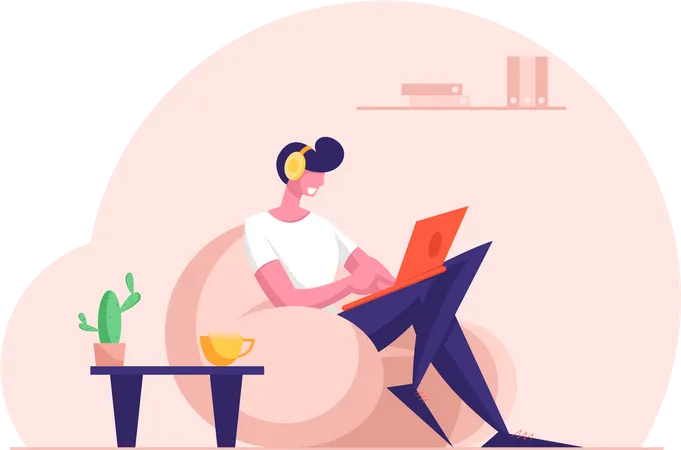 Remote Freelance Work Concept Man Freelancer Wearing Headset Sitting In Comfortable Armchair Working Distant On Laptop Creative Employee Character Work At Home Cartoon Flat Vector Illustration Illustration