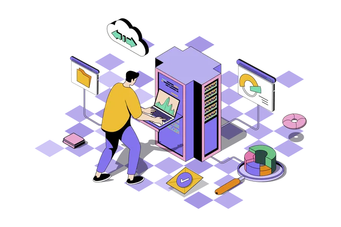 Data Center Web Concept In 3 D Isometric Design Man Working As Administrator In Server Room With Racks For Big Data Storage And Cloud Computing Vector Web Illustration With People Isometry Scene Illustration