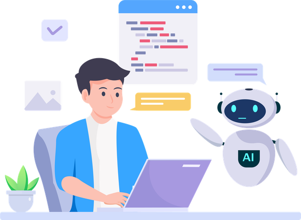 Man working as prompt engineer solving work tasks with generative AI model and chat bot  Illustration