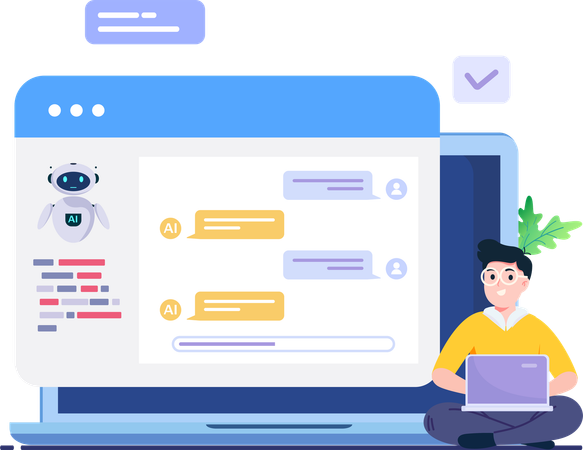 Man working as prompt engineer solving work tasks with generative AI model and chat bot  Illustration