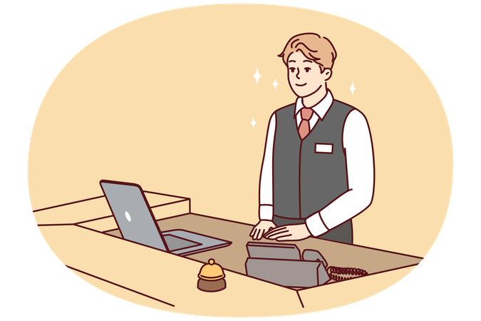Man working as receptionist in hotel stands behind counter with laptop and phone  Illustration