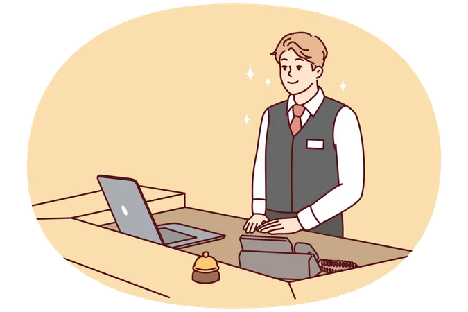 Man working as receptionist in hotel stands behind counter with laptop and phone  Illustration