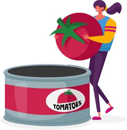 Man working at canned tomato manufacturing Illustration