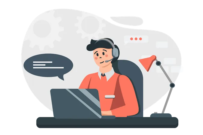 Man Works At Customer Support Concept In Flat Design Operator In Headphone Answers Online Letters From Clients Finds Solutions Advises And Consults Vector Illustration With People Scene For Web Illustration