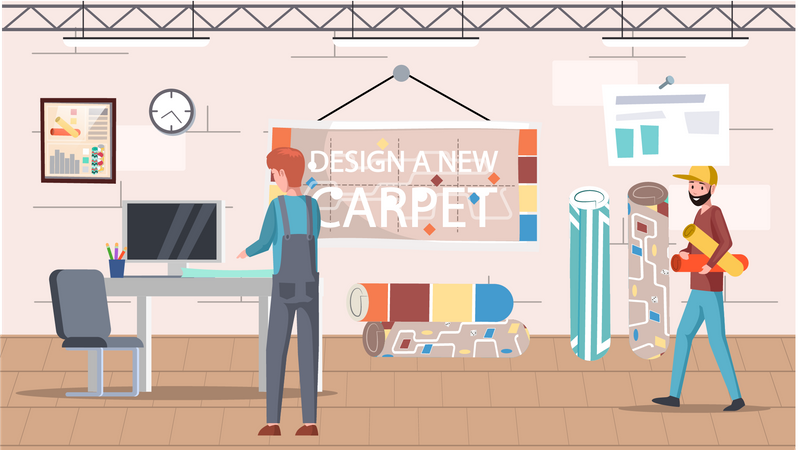 Man working at designer carpet store  Illustration