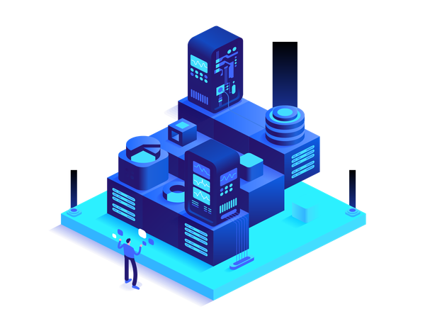 Man working at digital money mining farm with server racks  Illustration