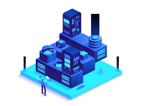 Man working at digital money mining farm with server racks  Illustration