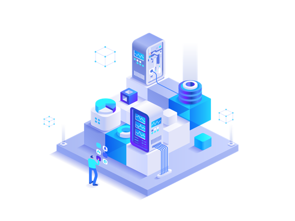 Man working at digital money mining farm with server racks  Illustration