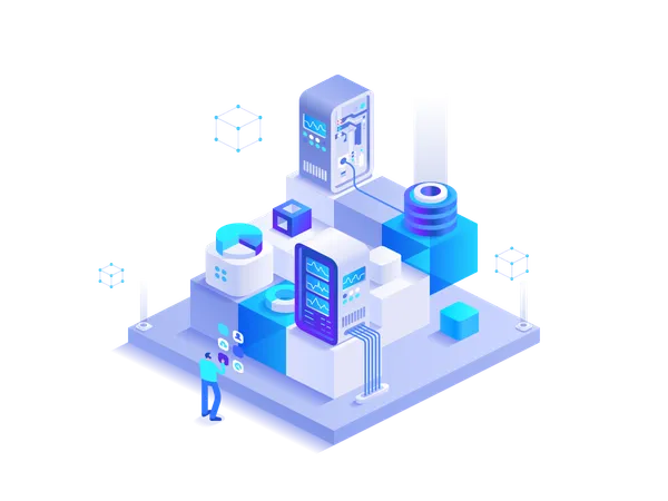 Man working at digital money mining farm with server racks  Illustration